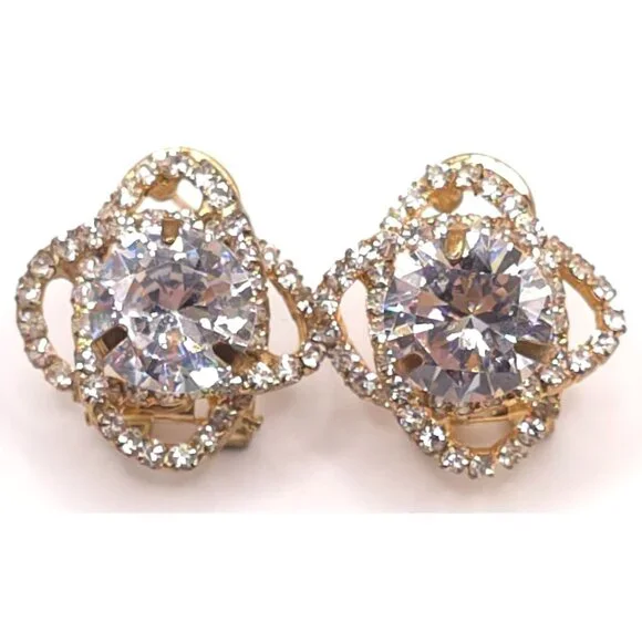 Vintage Gold-Tone Clip-On Earrings With Large Round Clear Rhinestones & Pave Set - Picture 3 of 8